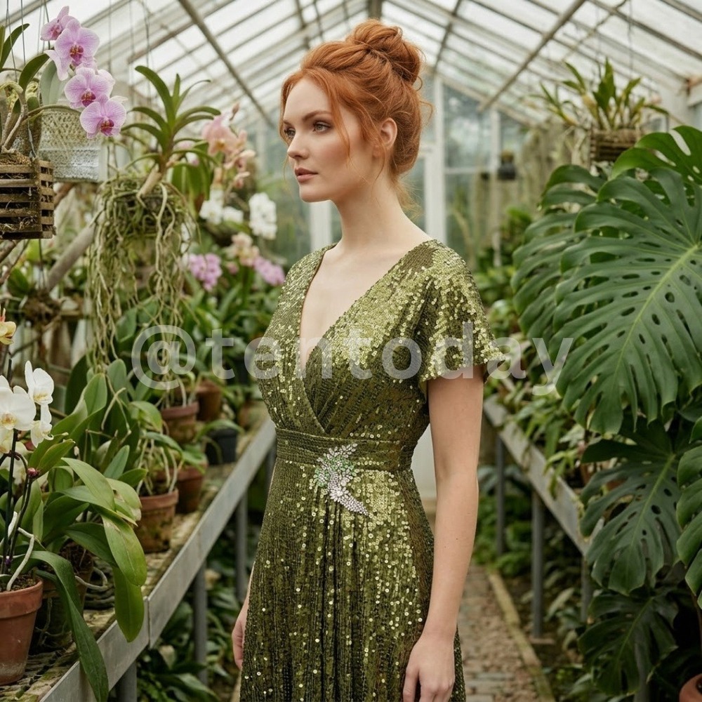$598 Mac Duggal Size 8 Green Sequin‎ V-Neck Flutter Sleeve Long Maxi Gown Dress - Picture 2 of 6